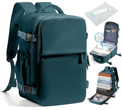 SZLX Zaino da viaggio a vuoto con pompa a vuoto, Airbag zaino da trasporto su bagaglio donne, Ryanair viaggio Ruscksack dimensione cabina con pompa impermeabile valigia uomini (Blu pavone, con vuoto)