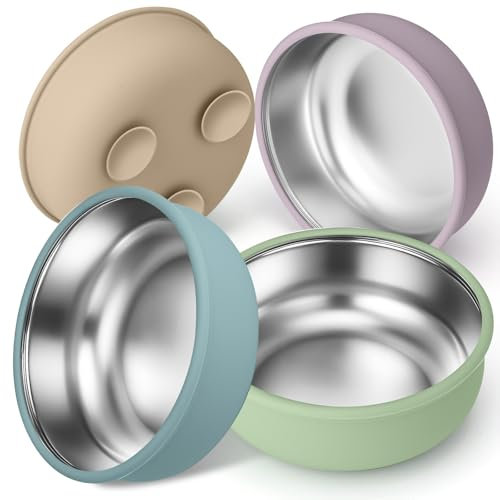 Yamobi 2 Pack de platos para bebé de acero inoxidable con ventosa – Plato infantil 2 en 1, resistente al calor, anti-derrames, de silicona sin BPA, plato con ventosa para niños