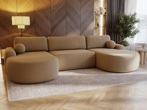 GRAINGOLD Aurio Ecksofa mit Schlaffunktion & Bettkasten 347x177 cm, U-Form Sofa mit Stauraum, Schlafcouch für Wohnzimmer, Bouclé-Stoff, 5-Sitzer Wohnlandschaft, Modernes Design (Hellbraun)