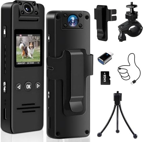 Mini Action Cam, 1080P HD & 180° Drehbarem Objektiv, Bodycam körperkamera mit 64 GB Speicherkarte und 120° Weitwinkel, Actionkamera mit Nachtsicht & Bewegungserkennung, mit Multifunctional Accessories