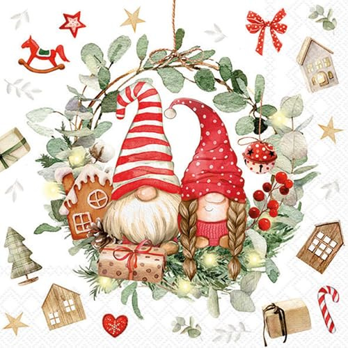 20 Servietten Weihnachten Gnome im Kranz als Tischdeko. Papierservietten mit Motiv. Auch für Decoupage und Serviettentechnik 33x33cm