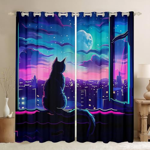 Homemissing Kawaii Anime Katze Vorhänge 175x140cm Jungen Mädchen Monddruck Fenstervorhang Raumdekoration Stadt Katzen Gardinen Niedliche Kätzchen Schlafzimmer Dekor
