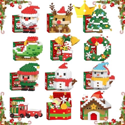 12PCS Santa Claus Design Building Blocks, Christmas Building Blocks Theme Decor Set, Mini Building Figures, DIY Stocking Stuffers Christmas Tree, Xmas Birthday Gifts, Party Favors (A+B+C)