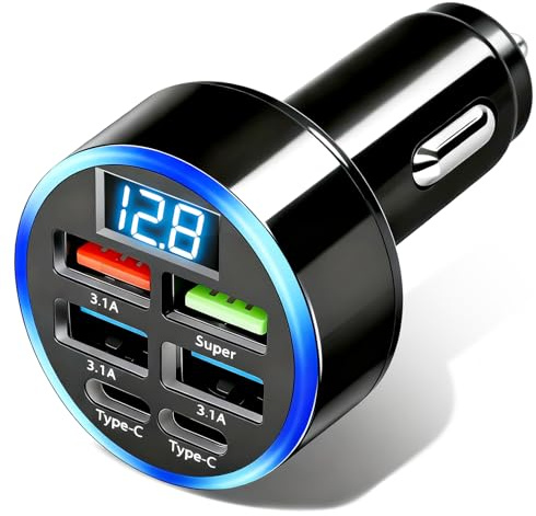 Zigarettenanzünder USB C 50W 6-Port, Schnellladen Car Charger | Schnellladegerät 12V-24V USB Adapter Auto PD/QC Handy Auto Ladegerät mit LED Voltmeter kompatibel mit iPhone 17 16 15 Samsung