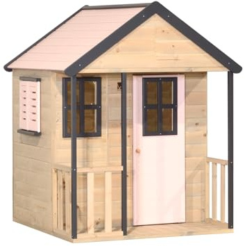 Wendi Toys M46 Kinderspielhaus Holz Outdoor, Garten Spielhaus für Kinder FSC Holz, 120×120×155 cm, mit Balkon, Tür, Regalfach, Fensterläden, Boden, wetterfest