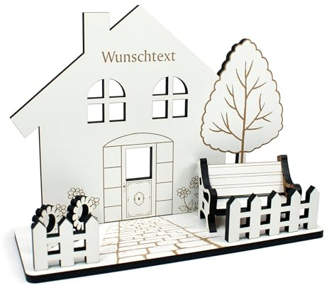 DEKOLANDO Geldgeschenk Einzug Haus personalisiert – Holzhaus mit Wunschtext – Geschenk zum Umzug, Hausbau & Einweihung – Deko mit Bank, Blumen & Zaun, Geldverpackung 20x14,5 cm