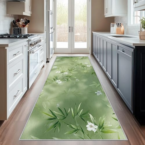 Generisch Läufer Flur Grün Blätter, Waschbarer Teppich Läufer Weiß Blumen Bambus Blatt 80x250, Küchenteppich, Eingangsbereich, Bettvorleger, Schlafzimmer Deko, rutschfest, Kurzflor j438