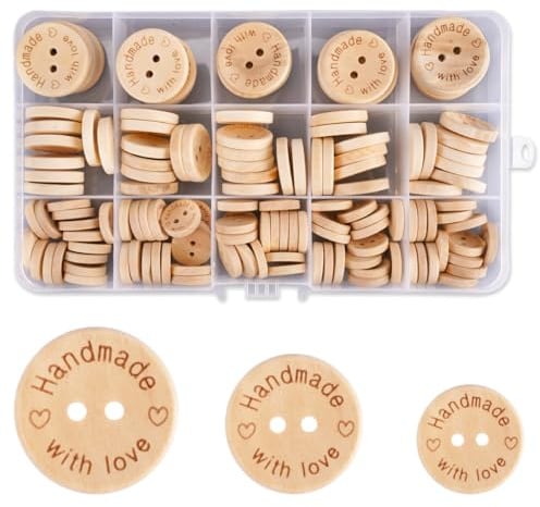 140 Stück Holzknöpfe 15mm/20mm/25mm, 2 Löcher Handmade Holz Knöpfe | mit 1 Aufbewahrungsbox, 'Handmade with Love', Kinderknöpfe, Runde Kleine Knöpfe, zum Nähen und Basteln von DIY Dekorationen