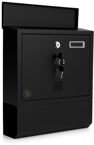 MODOVO Wall Mounted Black Post Box 35 × 30 × 10 cm – Waterproof Lockable Letter Box with 2 Keys & Newspaper Holder Large Galvanised Steel Mailbox with Nameplate & Viewing Windows Ideal
