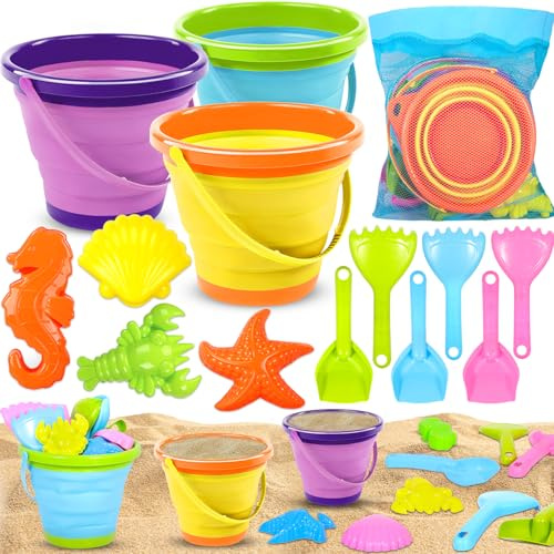 CYJJYZ 14 Pcs Juguetes De Playa para Niños, Juguetes Playa Set, Juguetes Arena, Juguetes de Arena con Moldes de Arena, Cubo de Playa Plegable, Palas, Bolsa Malla, Rastrillo para Niñas Niños