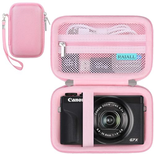 RAIALL Camera Case for Canon PowerShot G7 X Mark III/ G7X Mark II Digital Camera, Hard Carrying Case Protective Travel Bag, Mesh Pocket for Batteries and USB Cable, Pink