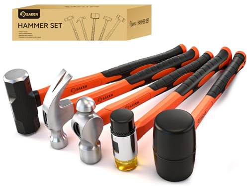 Saker 5-Piece Hammer Set,3lb Sledge Hammer,16oz Rubber Mallet, 16oz Ball Peen Hammer & Claw Hammer, 7oz Cross Peen Hammer for Home Repair & DIY Projects