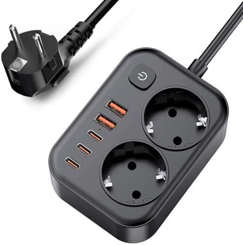 2-Fach Steckdosenleiste mit USB-C & 2m Kabel, 7-in-1 Mehrfachsteckdose (3X USB-C, 2X USB-A) mit Überspannungsschutz, kompaktes Ladegerät für Zuhause, Büro & Reise – Schwarz
