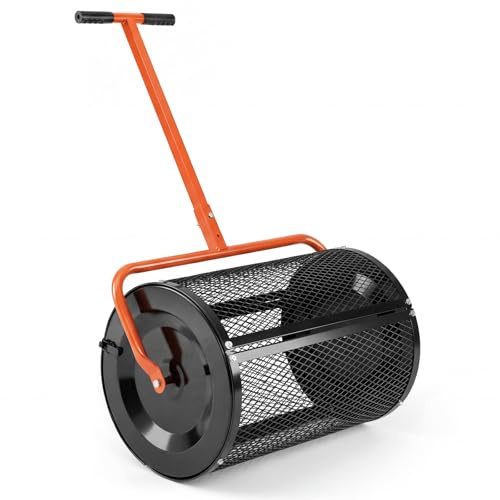 GYMAX Épandeur de Compost 75L, Rouleau en Maille Métallique avec Loquets, avec Poignée en T Réglable en Hauteur 108/113cm, Largeur 61 cm, pour Épandre d'Engrais, Fumier Gazon Pelouse, Jardin (Orange)