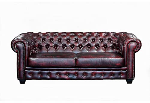 Chesterfield Ledersofa 3-Sitzer Brenton - Vintage Leder - Rot-Schwarz