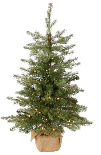 National Tree Company 3 ft Pre-Lit Nordic Spruce Mini Artificial Christmas Tree, Burlap Base, Red Bow, 50 Clear LED Lights, 363 Tips, Timer, Green