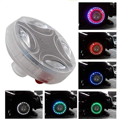 HugeAuto Lumières solaires LED colorées pour moyeu de roue – 4 modes d'éclairage de roue clignotant, étanche, kit de lampe stroboscopique pour voiture, véhicule, moto