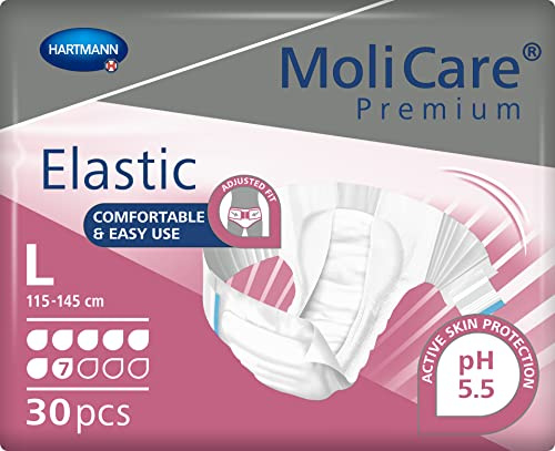 MoliCare Premium Elastic 7 Drops Unisex Adult Nappies, Size L | 30 pairs, three-layer absorbent core for severe leaks, elasticated side panels, instant-dry feeling, skin-friendly