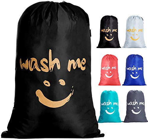 IHOMAGIC Reise Wäschesack mit Kordelzug Wash me Wäschesammler Wäschetasche Wäschebeutel Groß Wäschekorb Aufbewahrungstasche für Wohnungen oder Häuser Goldene Lächeln Wäschebehälter 66x96cm, Schwarz