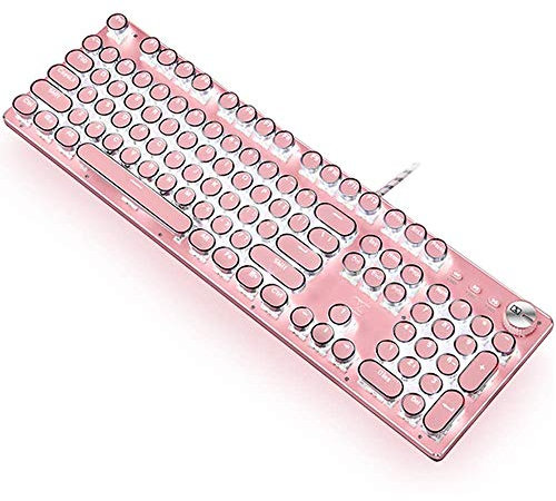 Gaming Keyboard,Retro Punk Typewriter-Style, Blue Switches, White Backlight, USB Wired, for PC Laptop Desktop Computer, for Game and Office, Stylish Pink Mechanical Keyboard (Round Keycaps)