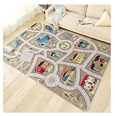 TYKTZXY Kinderteppich Spielen Teppich Straße Auto Tier Universum Blau Grün Grau(100×160cm,39×63inch)