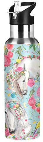 Mnsruu Bouteille d'eau en acier inoxydable avec motif cheval et fleur - Bouteille d'eau isolée sous vide - Bouteille standard avec large poignée