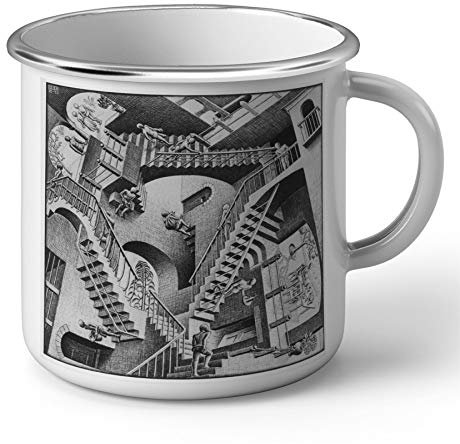 Metal Enamelled Mug Relativity Stairs Design Monochrome Escher Design Optical Illusion