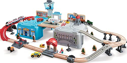 Hape Holzeisenbahn Großstadtlandschaft mit Aufbewahrungsbox, ab 3 Jahren, Mehrfarbig