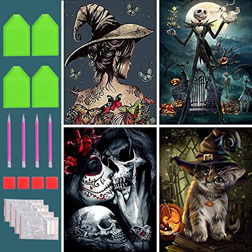 UNIQUORS Diamond Painting 4er Set Halloween, 5D Diamant Painting Erwachsene Bilder Katze, Kürbis und Hexe, DIY Diamant Malerei Liebe Skelett Schmetterling für Home Wall Décor (30x40cm)
