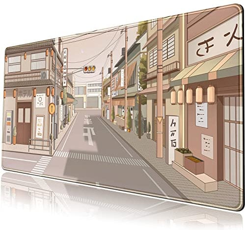 Tokyo Street Desk Mat Anime Japanese Mouse Pad XL Kawaii Large Gaming Mousepad XXL Beige Cute Desktop Mat Laptop Keyboard Mouse Mat Desk Pad Big 31.5''x15.7'' with Stitched Edges Non-Slip Rubber Base