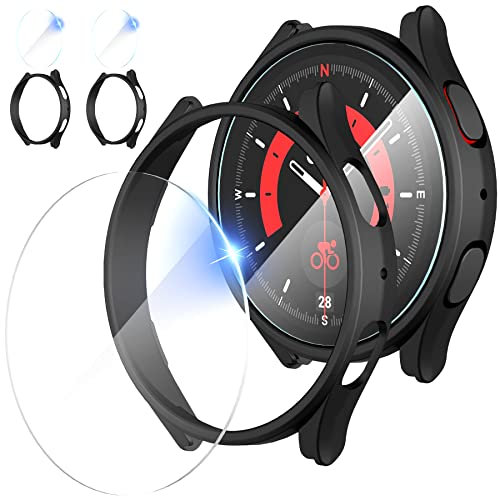Diruite 4 Pièces pour Samsung Galaxy Watch 5 Pro 45mm Verre Trempé Film+Coque, Anti-Rayures PC Protecteur Coque pour Samsung Galaxy Watch 5 Pro 45mm Protective Case*2+Protection Écran*2
