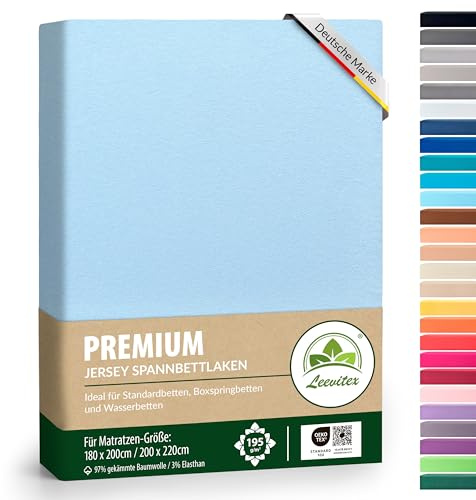 Premium Spannbettlaken, extra schwer und dick, 97% Mako-Jersey-Baumwolle und 3% Elasthan, auch Boxspringbett geeignet, 180-200 x 200-220 cm, Hellblau/Himmelblau