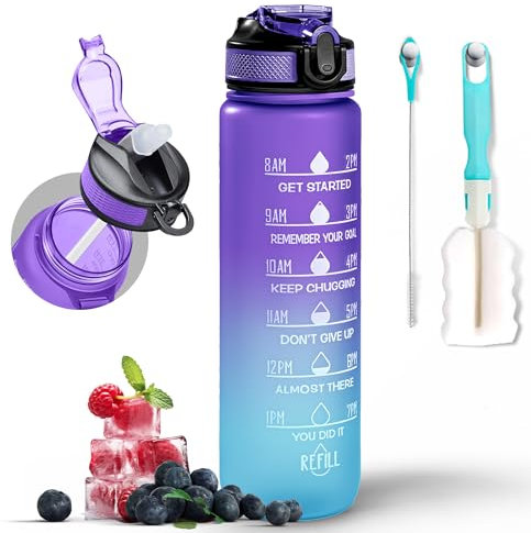 K-MART Trinkflasche 1000ml Sport Wasserflasche mit Motivierender Zeitmarkierung und Strohhalm, Auslaufsichere Trinkflasche BPA Frei Ungiftiges Tritan Material 1 Klick Öffnen für Laufen Gym Blau