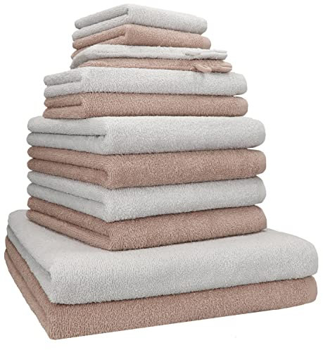Betz 12 TLG. Handtuch Set Berlin 100% Baumwolle 2 Liegetücher 4 Handtücher 2 Gästetücher 2 Seiflappen 2 Waschhandschuhe Farbe Cappuccino - Silbergrau