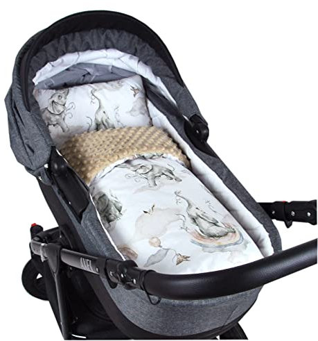 Babylux Babydecke Minky PLÜSCH Kuscheldecke Decke 75 x 60 cm + Kissen 2 TLG Set für Kinderwagen/Wiege (MP127 - Beige + Elefanten)