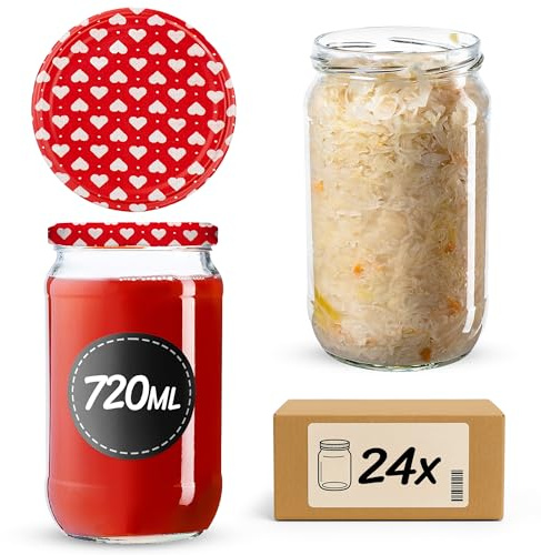 KADAX 24er Set Einmachgläser 720ml TO82 Herz, Große Sturzgläser mit Schraubdeckel, Einkochgläser Fermentierglas für Gurken, Gemüse, Sauerteig