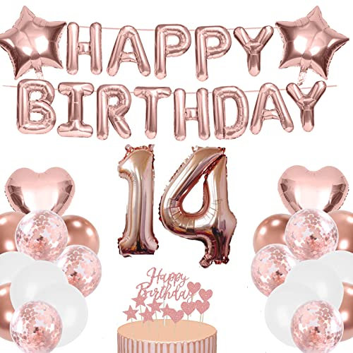 Luftballon 14. Geburtstag Deko Mädchen Roségold, Rosegold Folienballon 14 Jahre Geburtstag, Deko 14 Geburtstag Mädchen, Happy Birthday Banner, Tortendeko für Ballon 14 Geburtstagdeko Mädchen