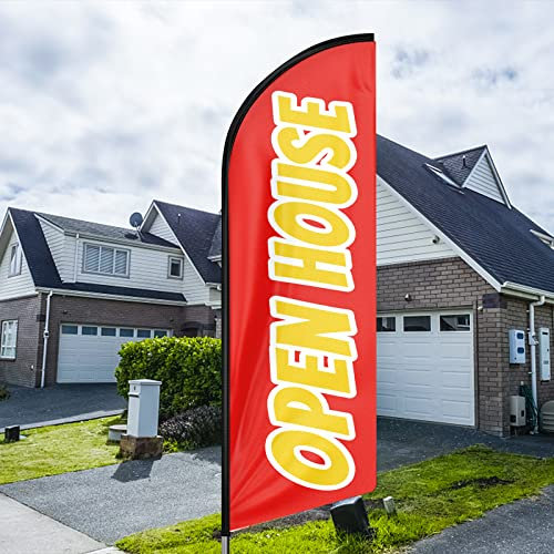 QSUM Open House Rot Orange Swooper Flagge, 30 cm offenes Haus, Rot Orange Werbeflagge mit Stangen-Set, Erdspieß, offenes Haus, Rot Orange Schilder, Federflagge für Unternehmen und Schaufenster