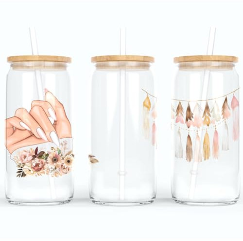 online-hut - Trinkglas - Longdrink Glas - Becher aus Glas inkl. Deckel und Strohhalm - mit Nails im Boho Look - A-NB-04-1 (Glitter Blau)