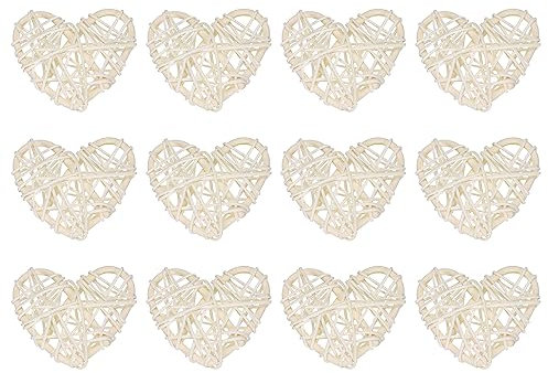 sourcing map 12 Stück Herz Deko Rattan Deko, 6 cm Fensterdeko Hängend Styropor Herz Kranz Natürlich Wicker Türdeko Haustür für Valentinstag Dekoration Hochzeit, Weiß