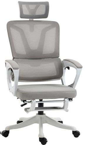 Vinsetto Fauteuil de Bureau, Chaise Ergonomique, pivotant, Hauteur réglable, Dossier inclinable, Repose-Pied Appui-tête réglable, Soutien Lombaire, Tissu en Maille, Gris