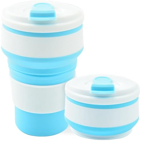 Silikon Faltbarer Becher Mit Deckel (350 ml, BPA-frei),Wiederverwendbar Faltbar Reisebecher, Faltbare Becher mit Deckel Blau
