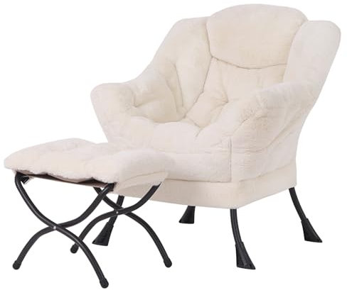 YOTATING Bequemer Sessel mit Fußhocker, Lazy Chair mit Ottomane, Freizeit-Akzentstuhl, Relax-Lounge-Sessel mit Armlehnen & Seitentasche für Wohnzimmer, Schlafzimmer & kleine Räume, Plüschbeige