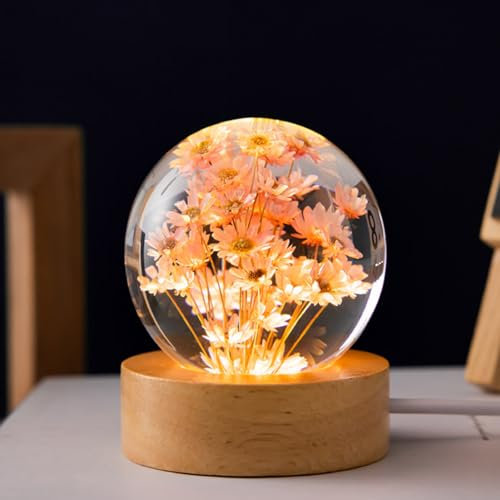 Shenrongtong Boule de de Fleur veilleuse Boule de Verre Lampe de Nuit avec Base en Bois LED Boule de Verre de Fleur décoration Lumineuse Boule de de Vacances créatives Ornements Lumineux
