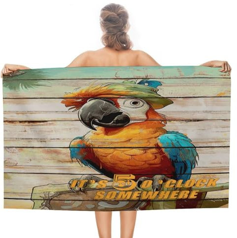CustonCares It's Five O'clock Somewhere Strandtücher, kompakt, vorgewaschen, schrumpffrei, Reisehandtücher, Bauernhaus, Bier, Bar, Club, Glas, Papagei, Badetücher, 78,9 x 139,9 cm, für Erwachsene,