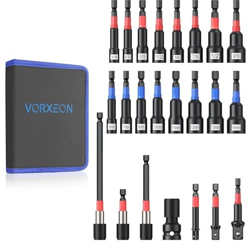VORXEON 23pcs Magnetisches Steckschlüsselset 65mm SAE- Und Metrische 6mm-14mm&1/4-9/16 Schraubendreher Mit Schnellverschlussverlängerungen Schlagschrauberadaptern Bithalter Aufbewahrungstasche