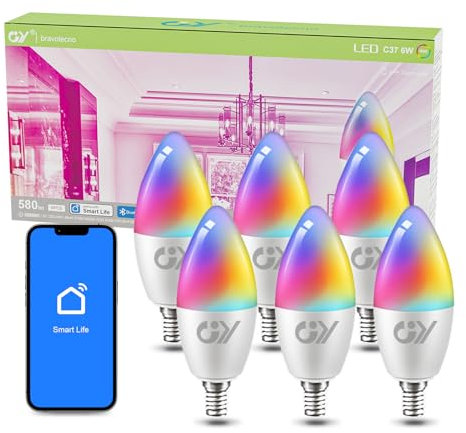 GY Bluetooth Mesh E14 RGBCW Smart Bulbs C37 Dimmable LED Bulb,Warm White to Cool White(2700K-6500K) Colour Changing,580LM,No WiFi Required,Bluetooth Connect Smart Life APP Control,6 Packs
