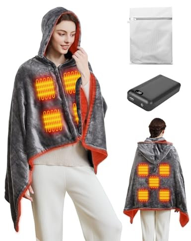 Electric USB Heated Shawl Blanket with Zipper Detachable Hat, Equipped with Battery 7.4V Nine Heated Areas Large Size Thick Flannel Fast Heating 3 Levels Temperature Heated Blanket Throw Home Office