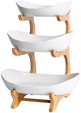 YYW Frutero de cerámica de 3 niveles, cesta de frutas de porcelana, soporte de almacenamiento de frutas con almacenamiento de verduras de madera de bambú para encimera de cocina, soporte de frutas de
