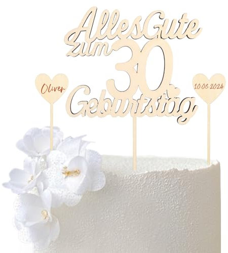 GoldRock Holz Cake Topper 30. Geburtstag für Männer und Frauen - Alles Gute zum 30. Deko für Muffins, Torten und Kuchen - Tortendeko mit Herz